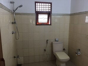 Hair dryer, towels, soap, shampoo