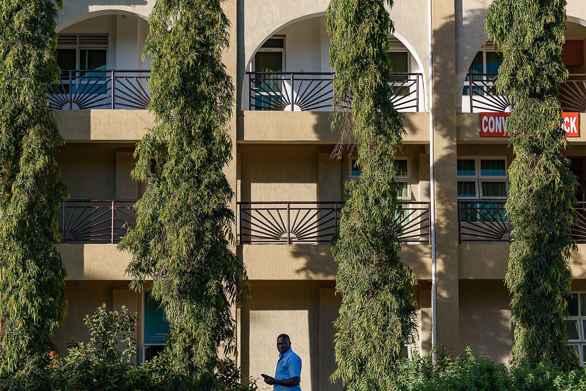 A multi-story building with balconies, surrounded by tall trees.