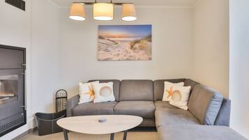 Televisión, chimenea, estéreo