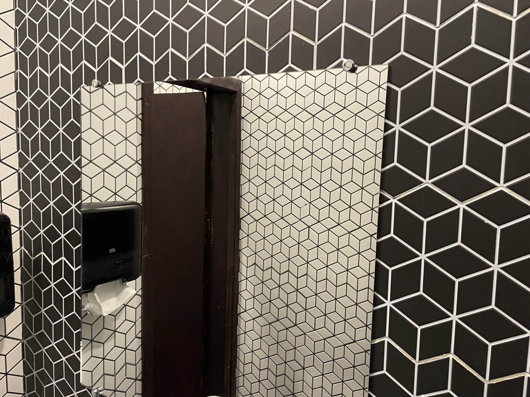 Ein Badezimmer mit einer Wand mit geometrischem Muster, einem dunkelbraunen, vertikalen Objekt und einem Papierhandtuchspender.