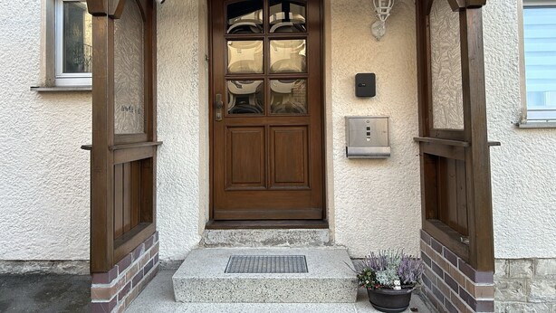 A wooden front door with a glass panel, a metal intercom, and a potted plant on the steps.