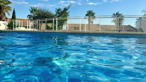 Ein Swimmingpool mit klarem, blauem Wasser, umgeben von einem Zaun und Palmen.