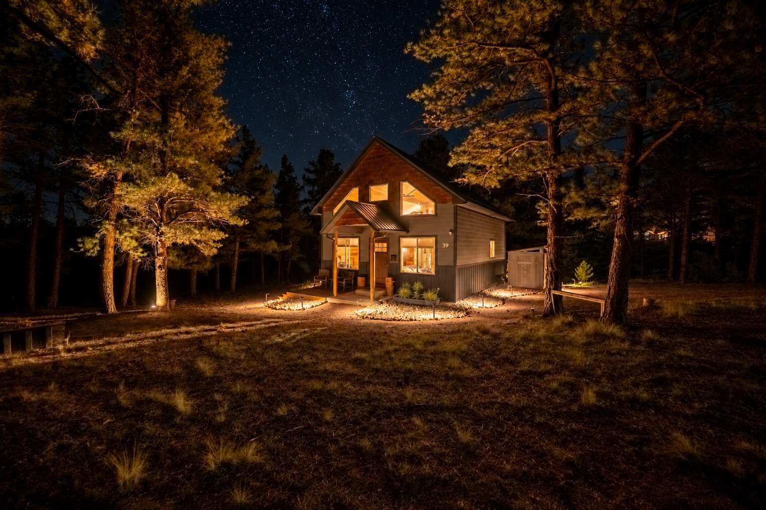 A two-story house with a porch, surrounded by trees, under a starry night sky.