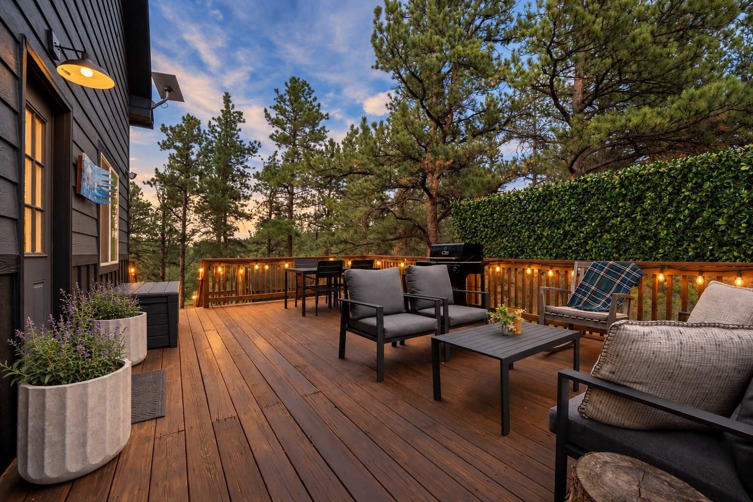 The main deck is wrapped in string lights & has a grill, rustic picnic table, & a patio furniture set for soaking up the Colorado sunshine. The storage chest has outdoor games like yard dice, giant jenga, and frisbees for frisbee golf.