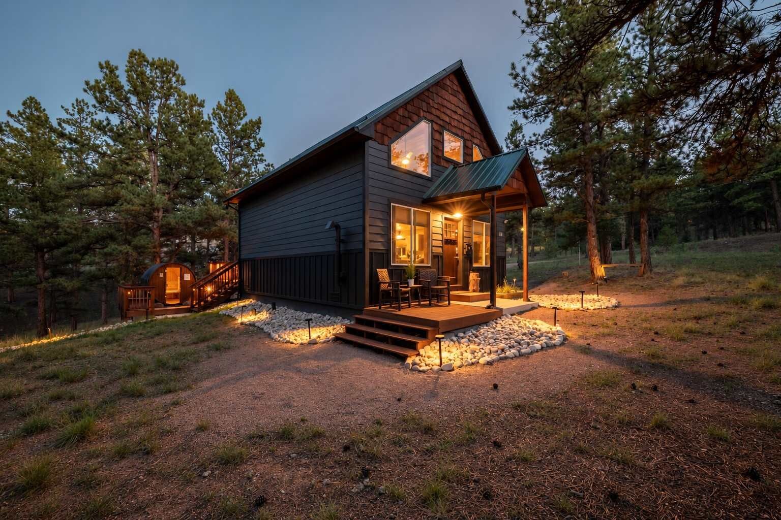 A cabin with a deck, surrounded by trees, and a gravel path leading to the entrance.