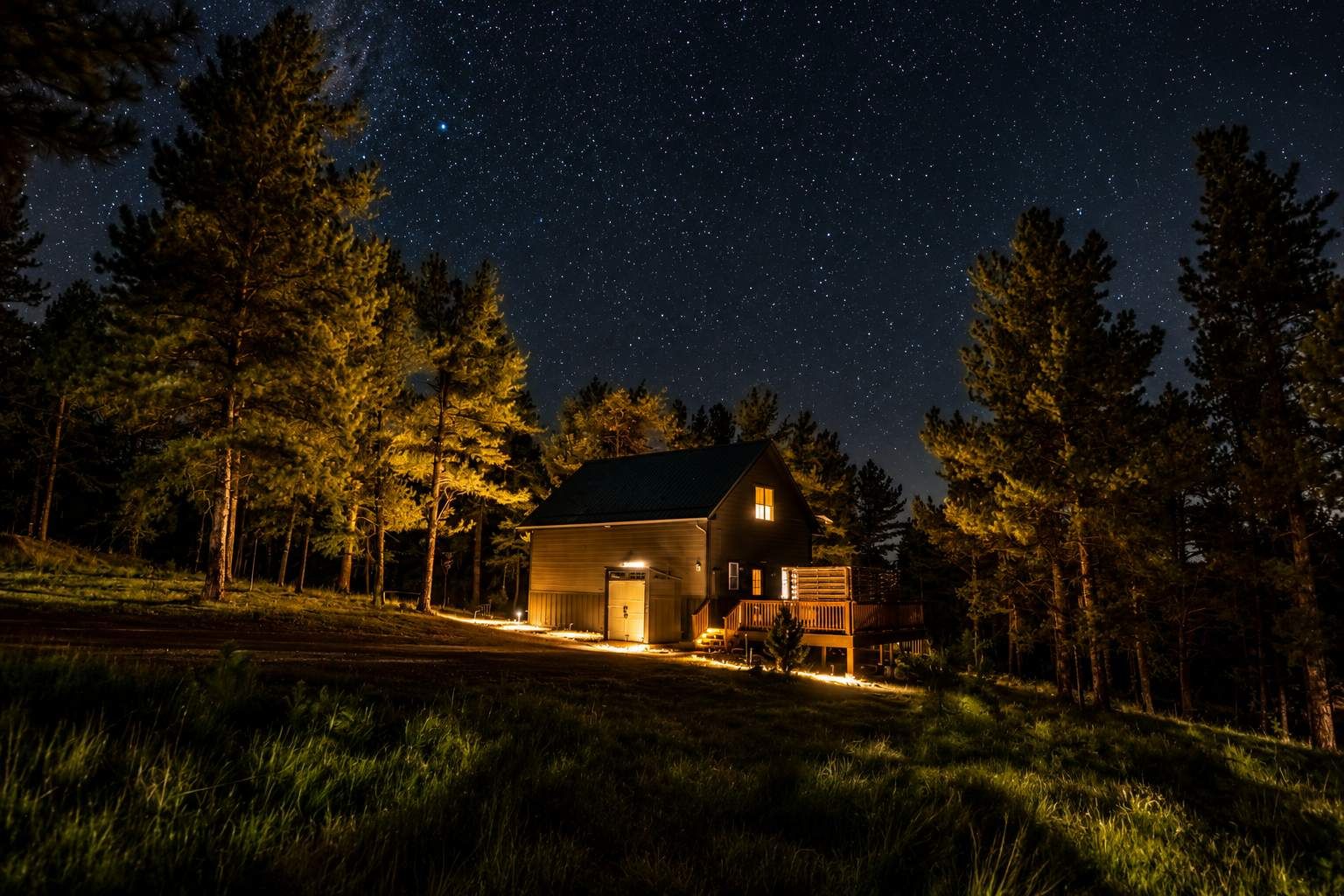 Eine Holzhütte mit Garage und Terrasse, umgeben von Bäumen unter einem sternenübersäten Nachthimmel.