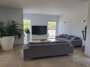 Smart-tv, eldstad och böcker