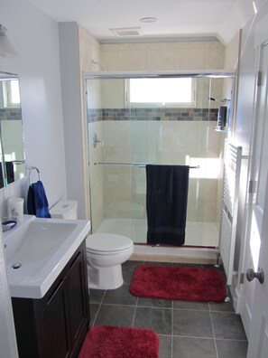 Shower, hair dryer, towels, soap