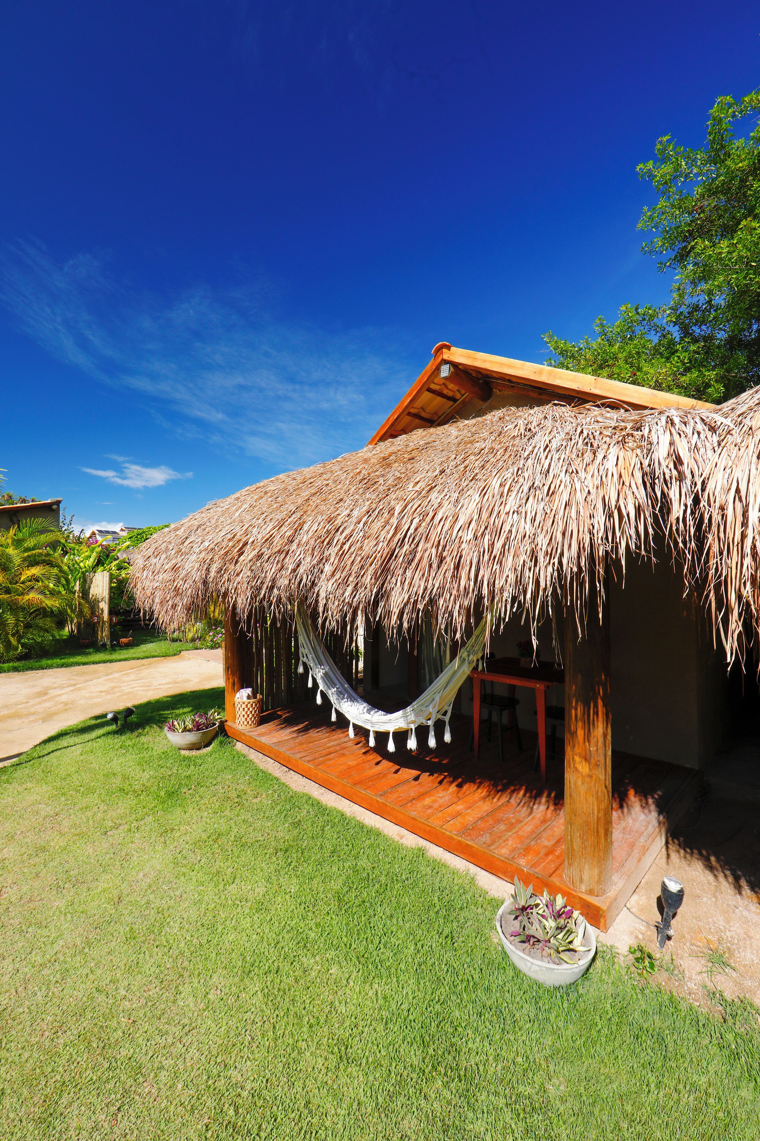 A thatched-roof hut with a hammock and a small garden area.
