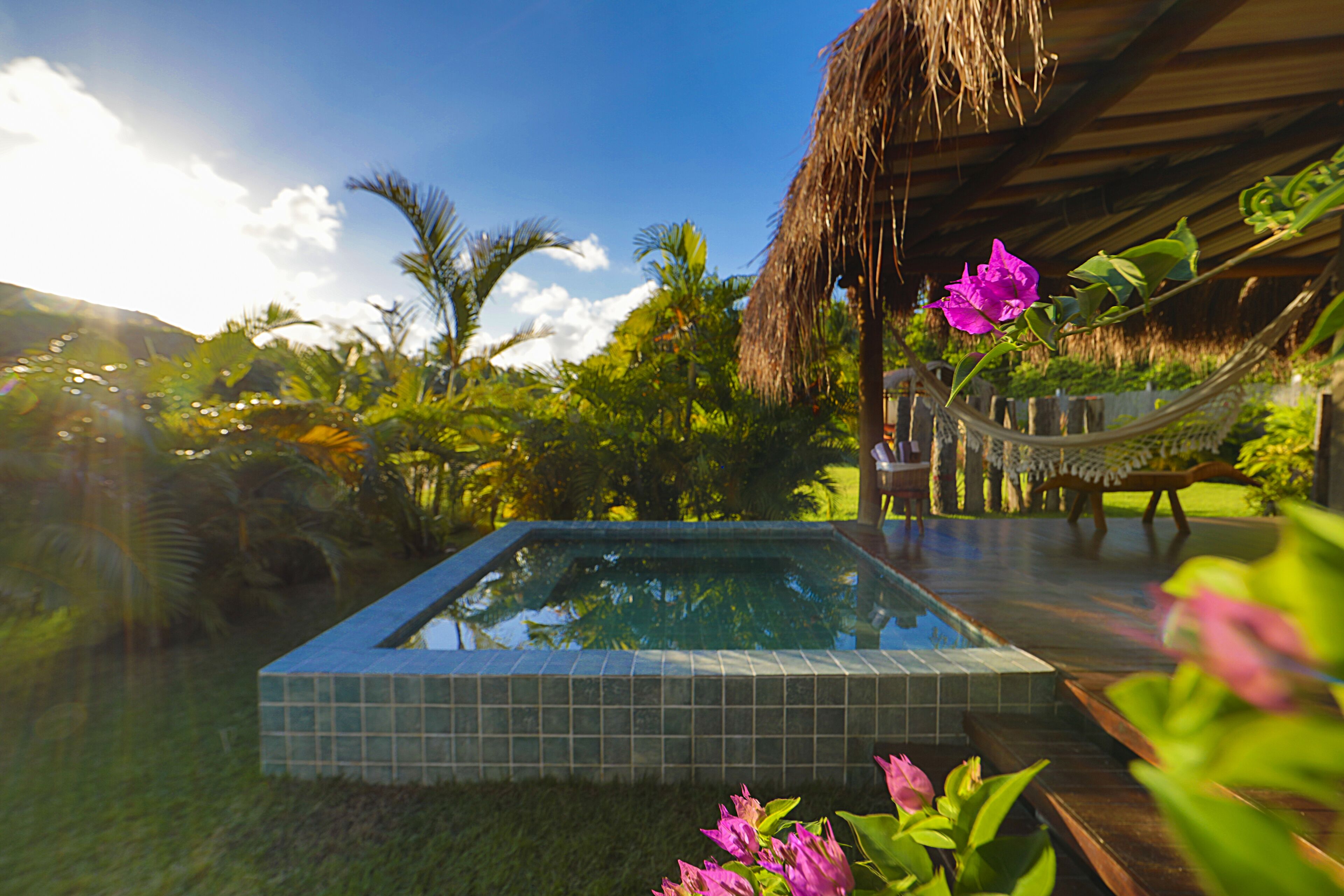 A rectangular pool with tiled edges, surrounded by lush greenery and a thatched-roof structure.