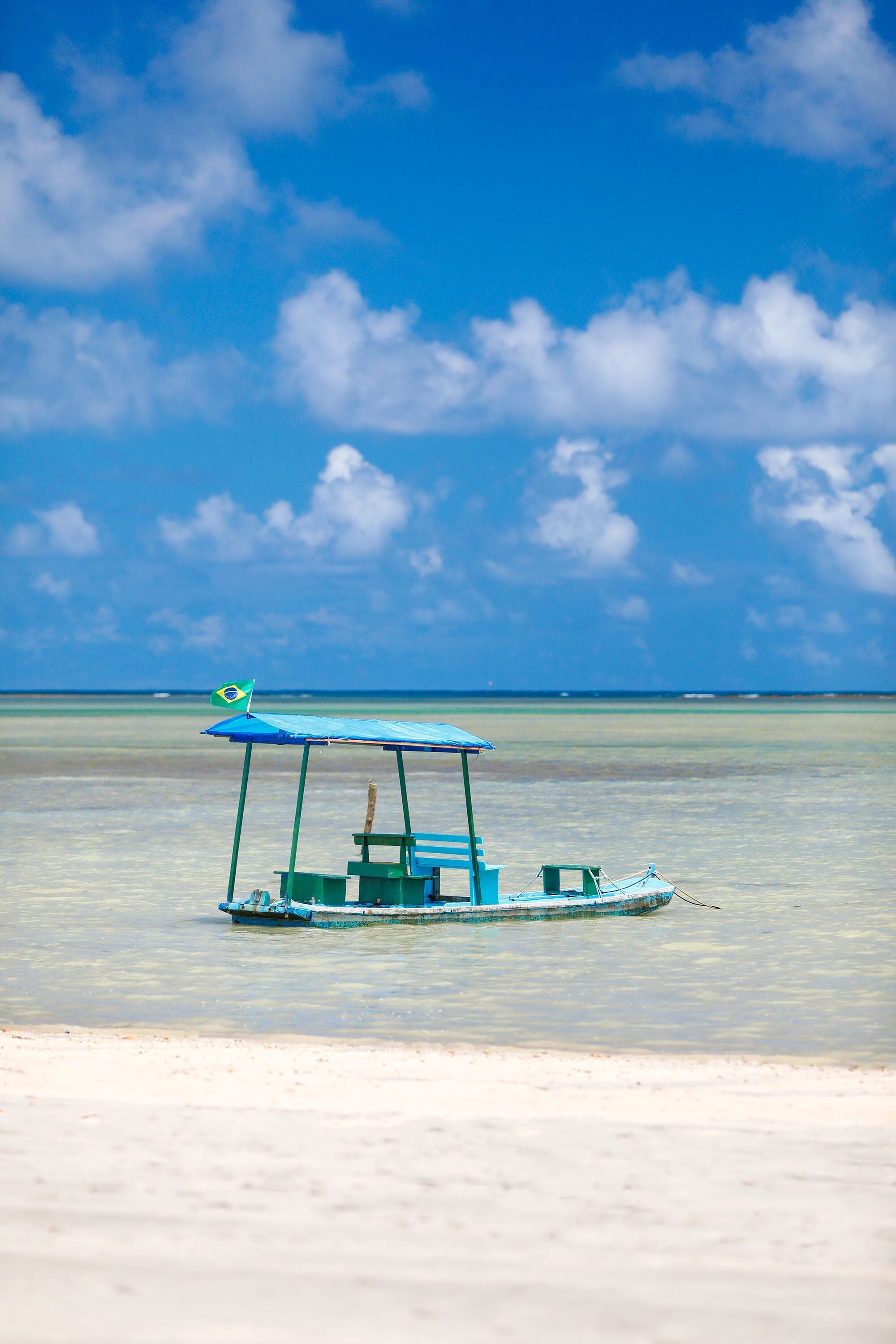 A small boat with a blue canopy and a Brazilian flag, floating on calm water near a sandy beach.