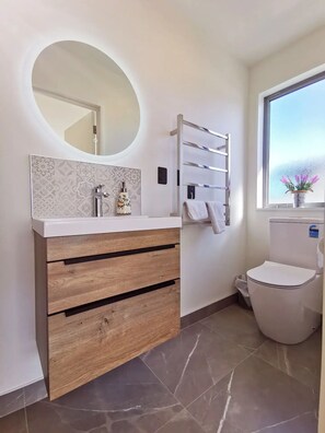 Hair dryer, towels, soap, shampoo