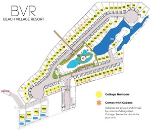 Een plattegrond van Beach Village Resort, met genummerde huisjes en een aangewezen kantoorruimte.