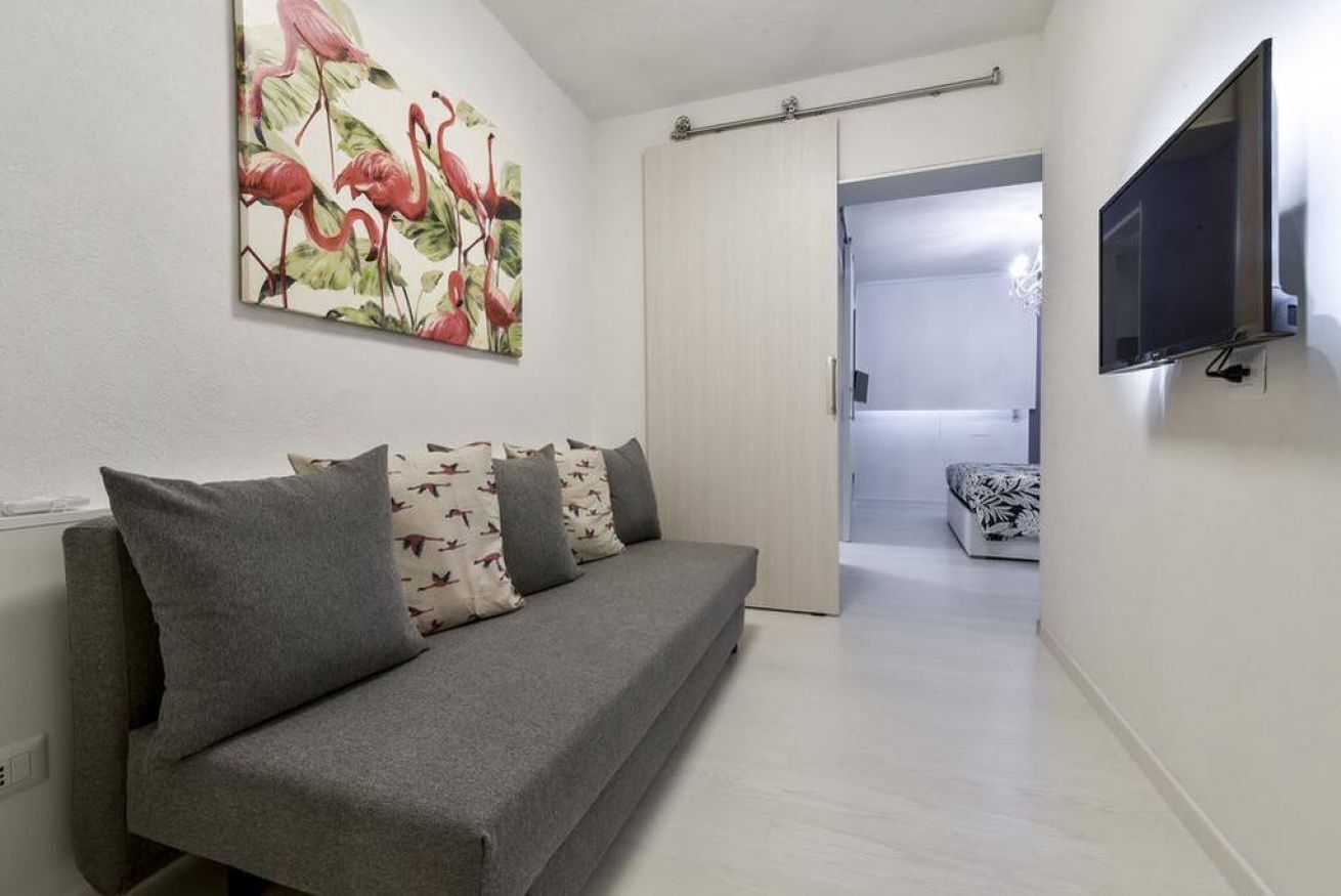 Un soggiorno moderno con un divano grigio, una televisione a schermo piatto e un quadro di fenicotteri.