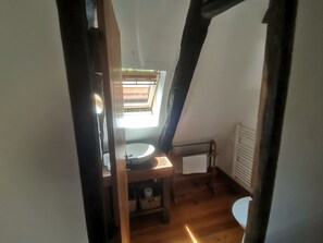 Una habitación estrecha y con techos inclinados, con tragaluces, un lavamanos pequeño y un radiador.
