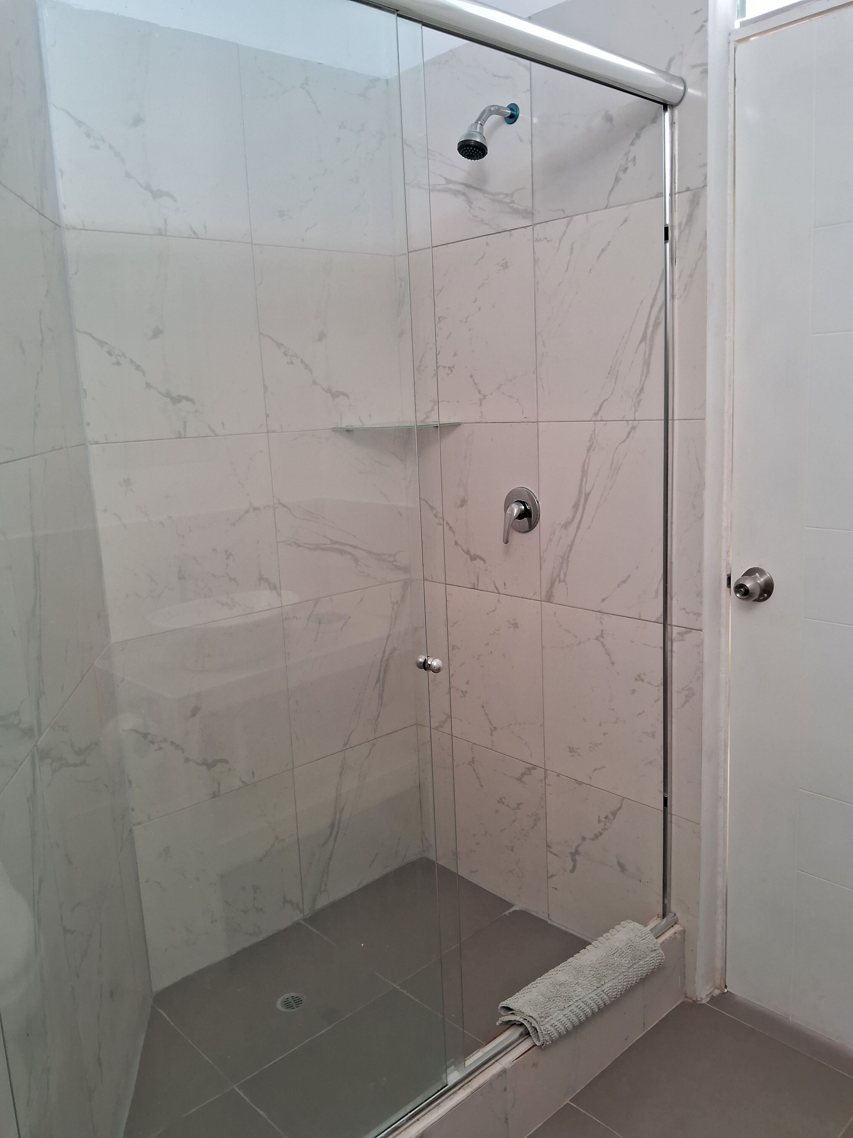 A glass-enclosed shower with a handheld showerhead, a glass shelf, and a towel rack.