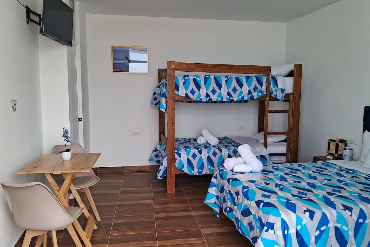 A room with a bunk bed, a desk with a chair, a small table, and a potted plant.