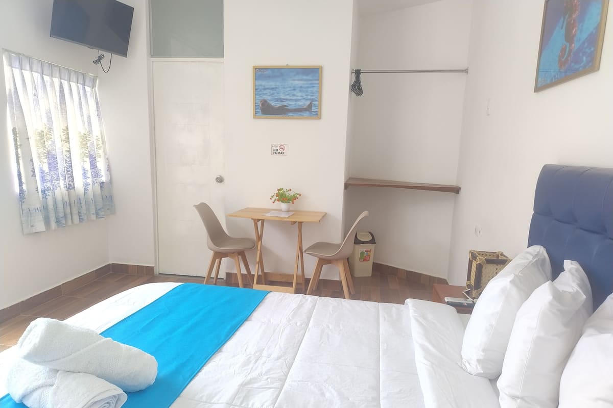 A hotel room with a bed, a desk, two chairs, a small table with a plant, a TV mounted on the wall, and a painting.