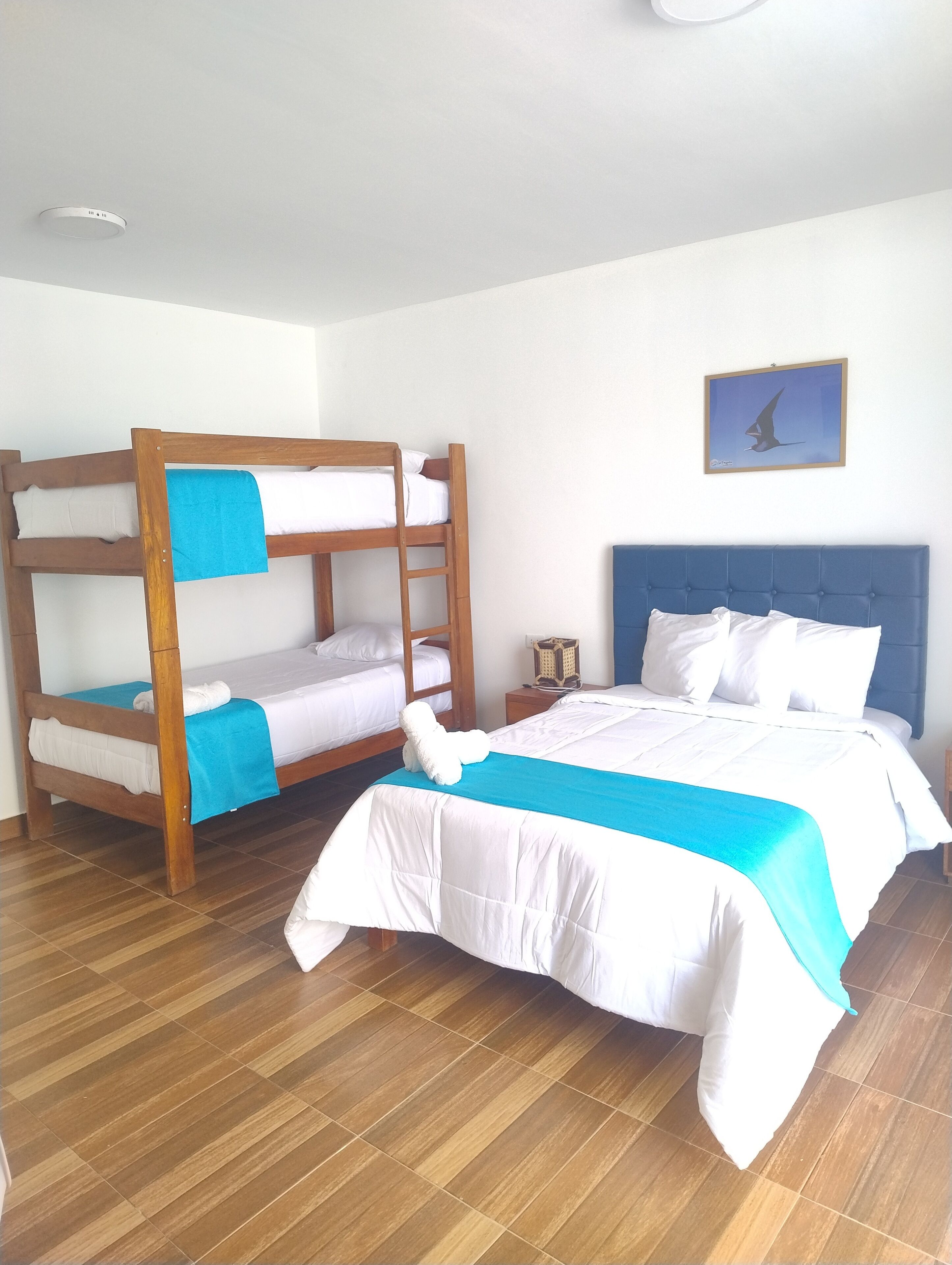 Una habitación con dos literas, una cama individual y un cabecero azul.