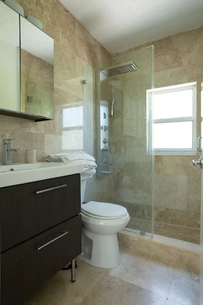 Hair dryer, towels, soap, toilet paper