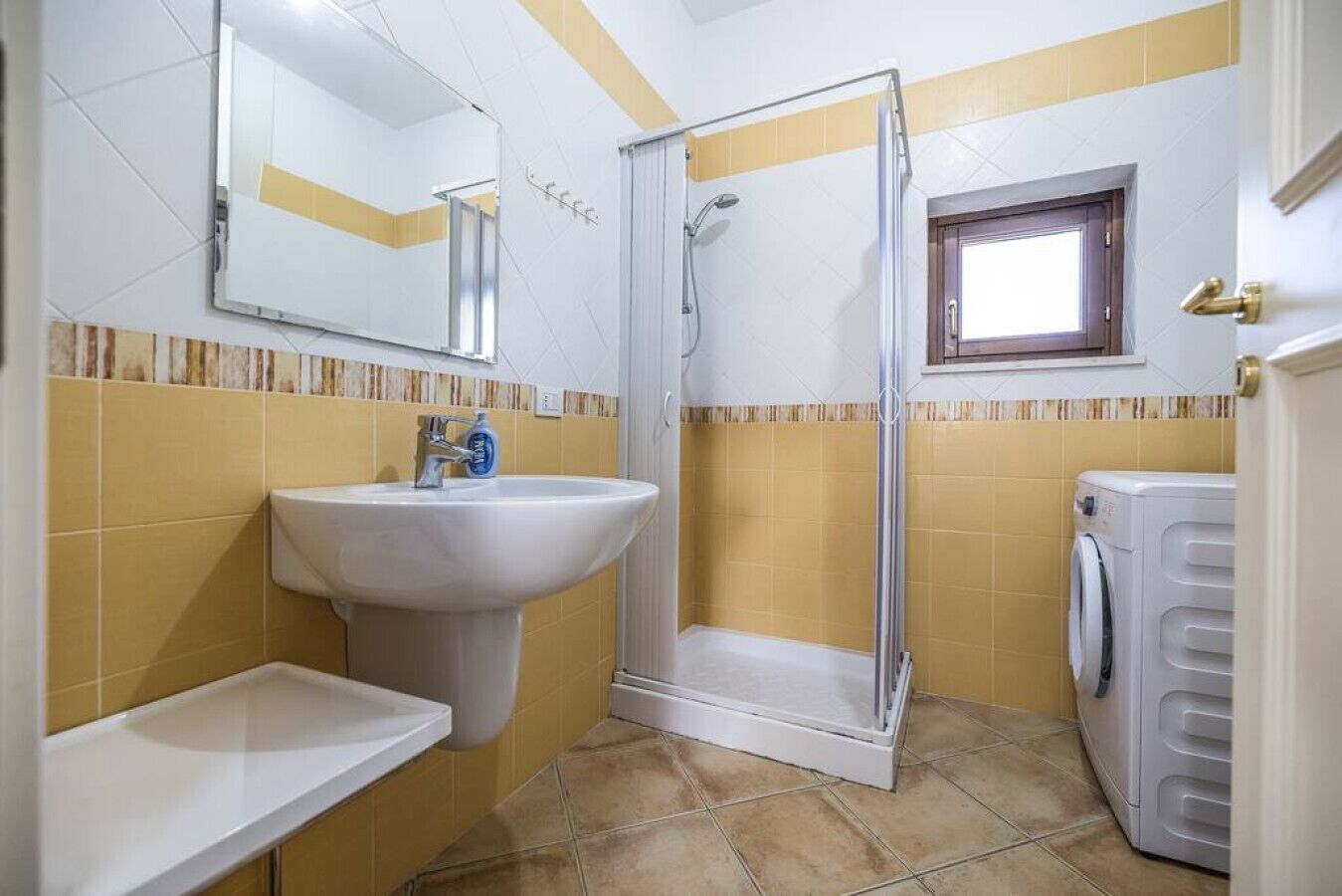 Baño con lavamanos, espejo, ducha y lavadora.