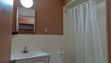 Un baño con inodoro, lavabo, espejo y cortina de ducha.