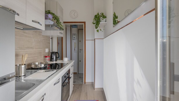 A narrow kitchen with white cabinets, a stainless steel sink, a coffee maker, and a colorful rug. There are two potted plants on the wall and a door leading to another room. - GN Milano Navigli - Chic Naviglio Hideaway. (Milano)
