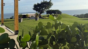 Un espacio al aire libre cubierto con vista al océano, columnas de madera y plantas en macetas.