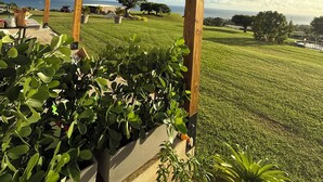 Un espacio al aire libre cubierto con vistas a un paisaje con césped y al océano.