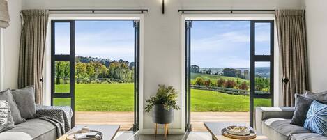 Smart TV, fireplace, books, offices