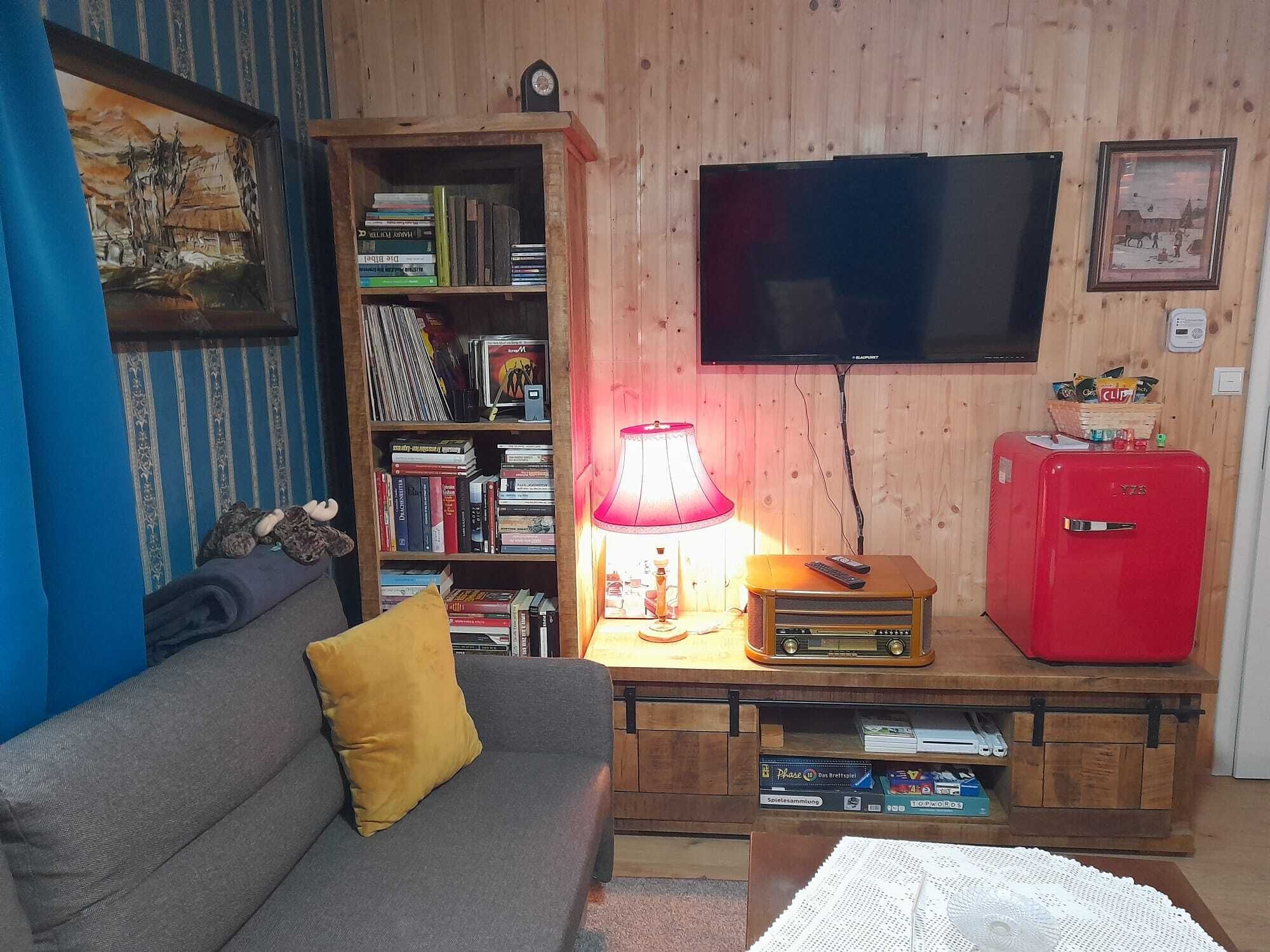 Una sala de estar acogedora con un sofá gris, una estantería, una radio antigua roja, un televisor y una pared de madera.
