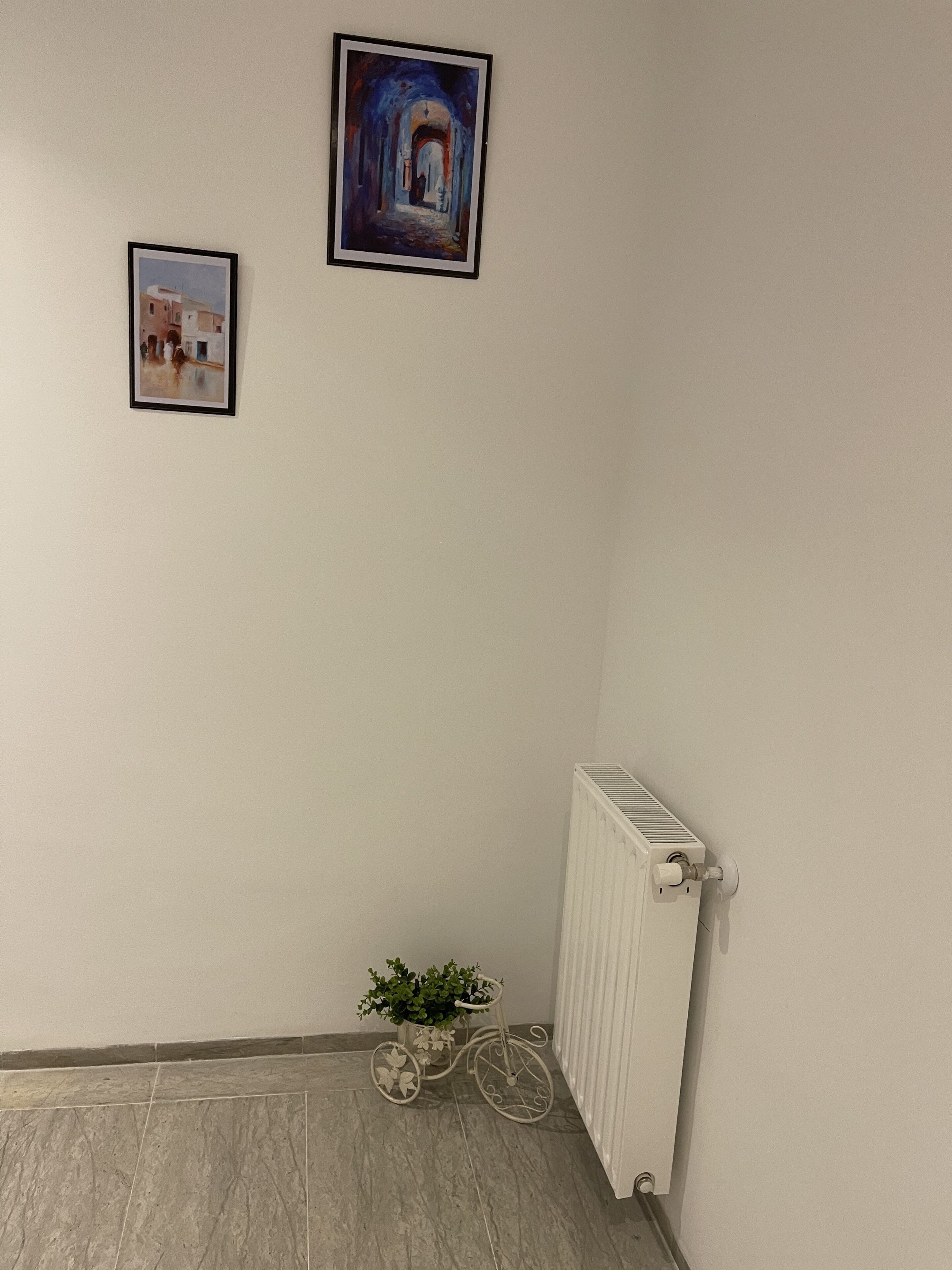 A corner room with a radiator, a small bicycle with a plant, and two framed pictures on the wall.