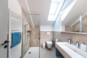 Shower, hair dryer, towels