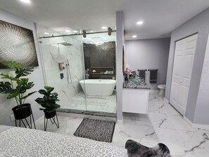 Shower, hair dryer, towels, soap