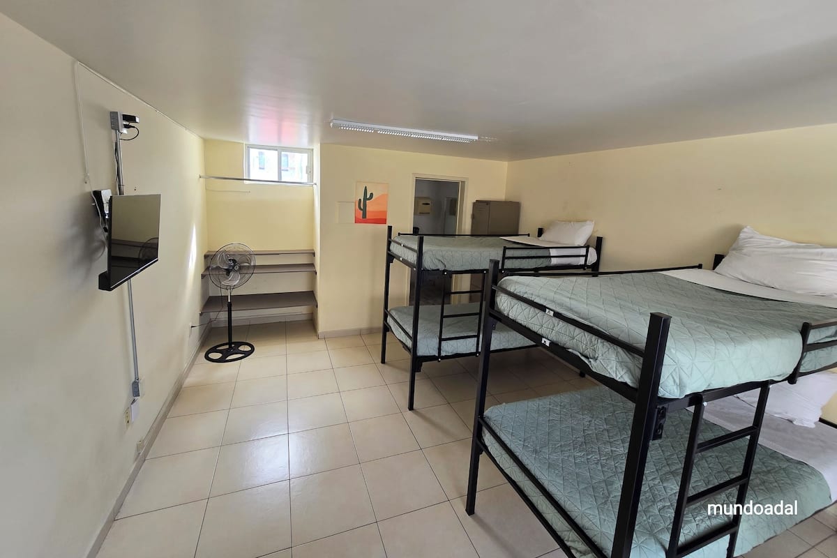 Quarto em dormitório com beliches, um ventilador, uma escrivaninha pequena e uma janela.