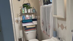 A bathroom with a toilet, bidet, sink, and a shelf with toiletries. - Historical section of Chesapeake. Propertie nice and groomed quiet neighborhood. (Chesapeake)