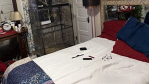 A bedroom with a bed, pillows, a bedside table with a lamp, a wall-mounted shelf with plants, and a door. - Historical section of Chesapeake. Propertie nice and groomed quiet neighborhood. (Chesapeake)