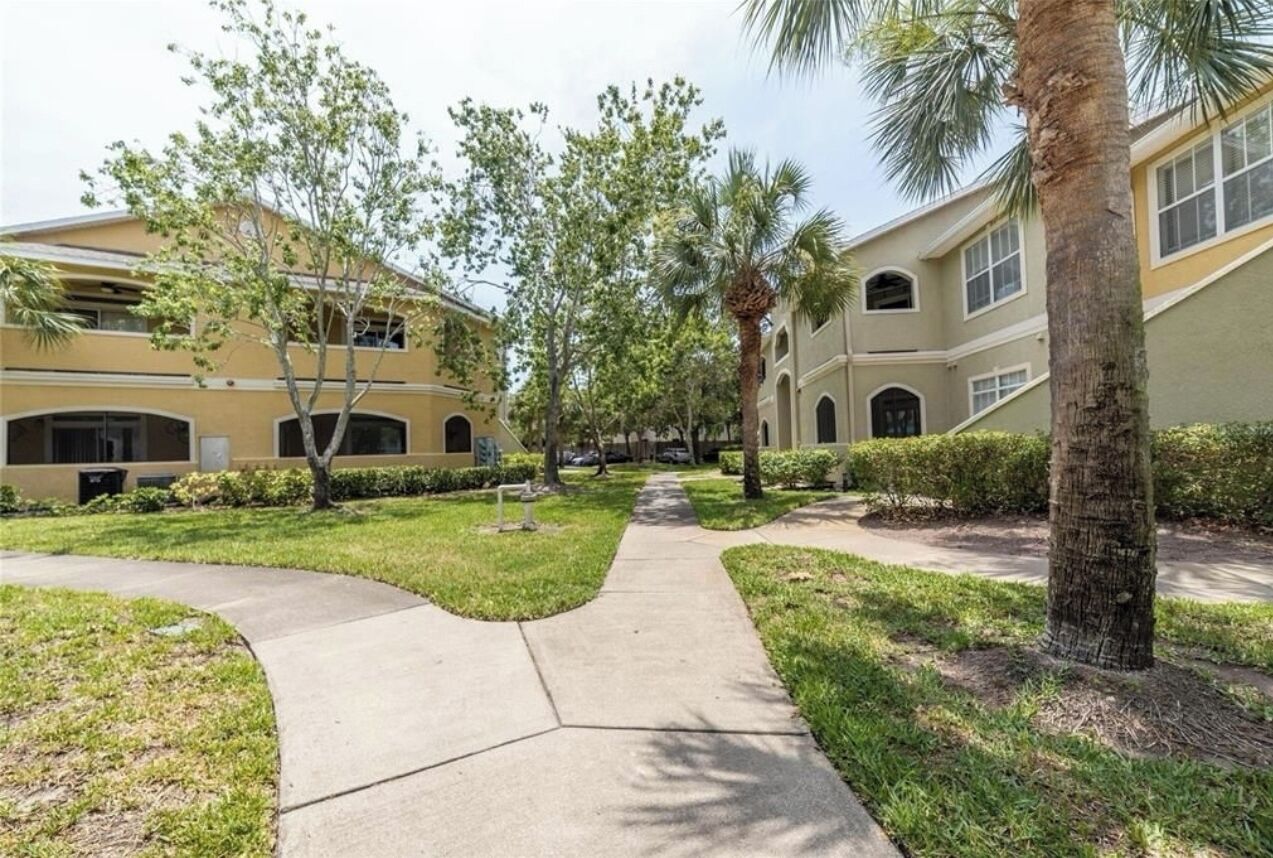 A pathway leading to a building with multiple windows and a palm tree.