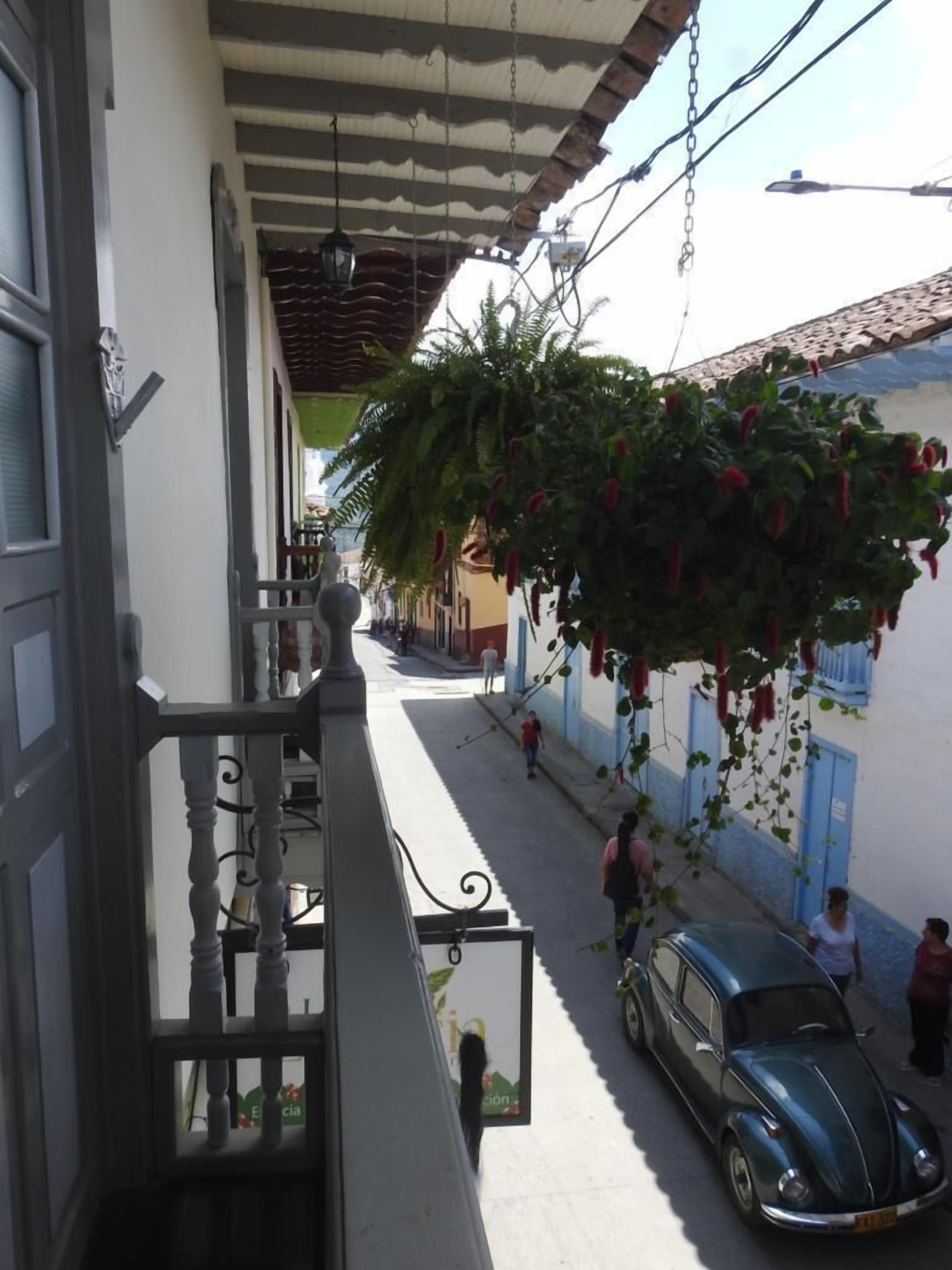 Un balcon orné d’une plante suspendue, une voiture ancienne garée dans la rue et des immeubles avec des portes bleues.