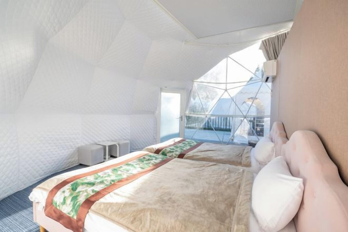 A modern, spacious room with two beds, a large window, and a geometric ceiling design.