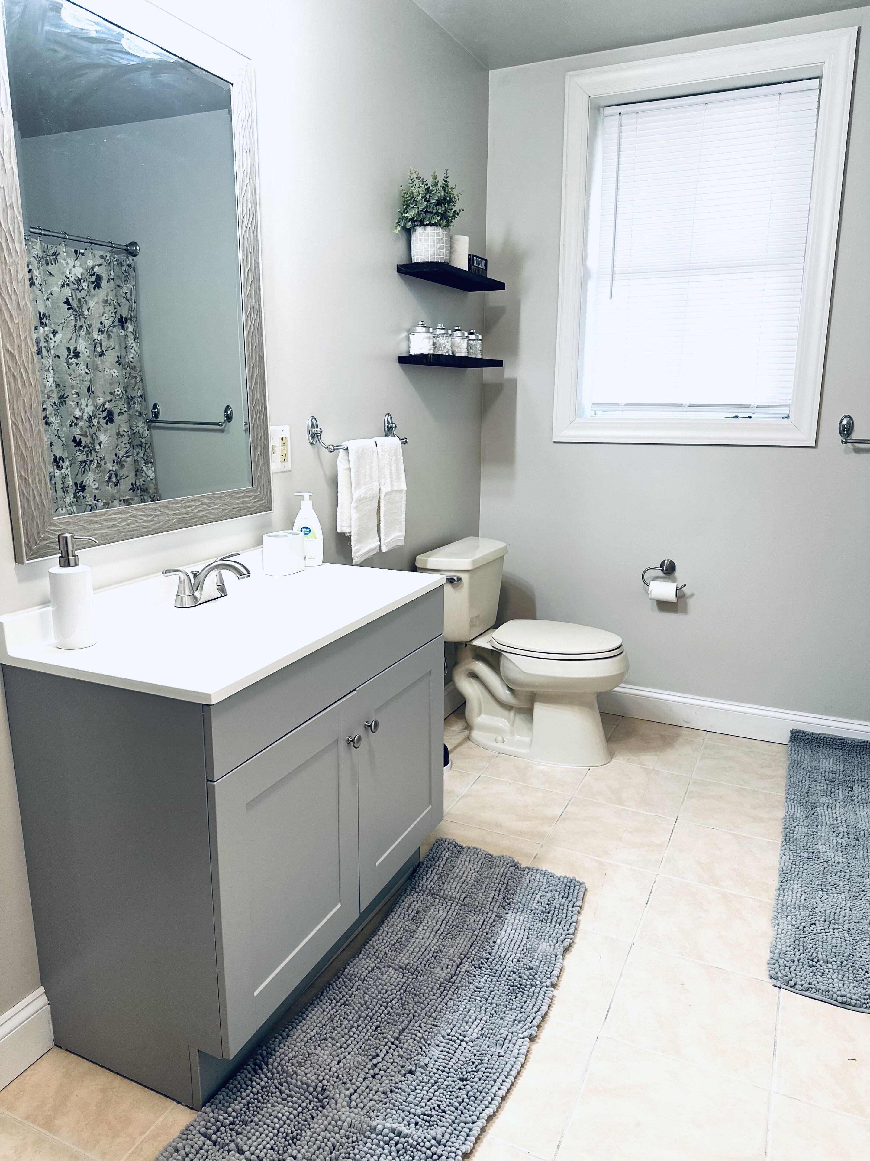 Hair dryer, towels, soap, shampoo