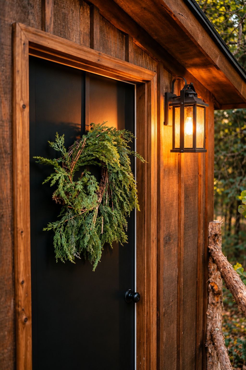 Une porte en bois ornée d’une guirlande et d’une lanterne fixée au mur.