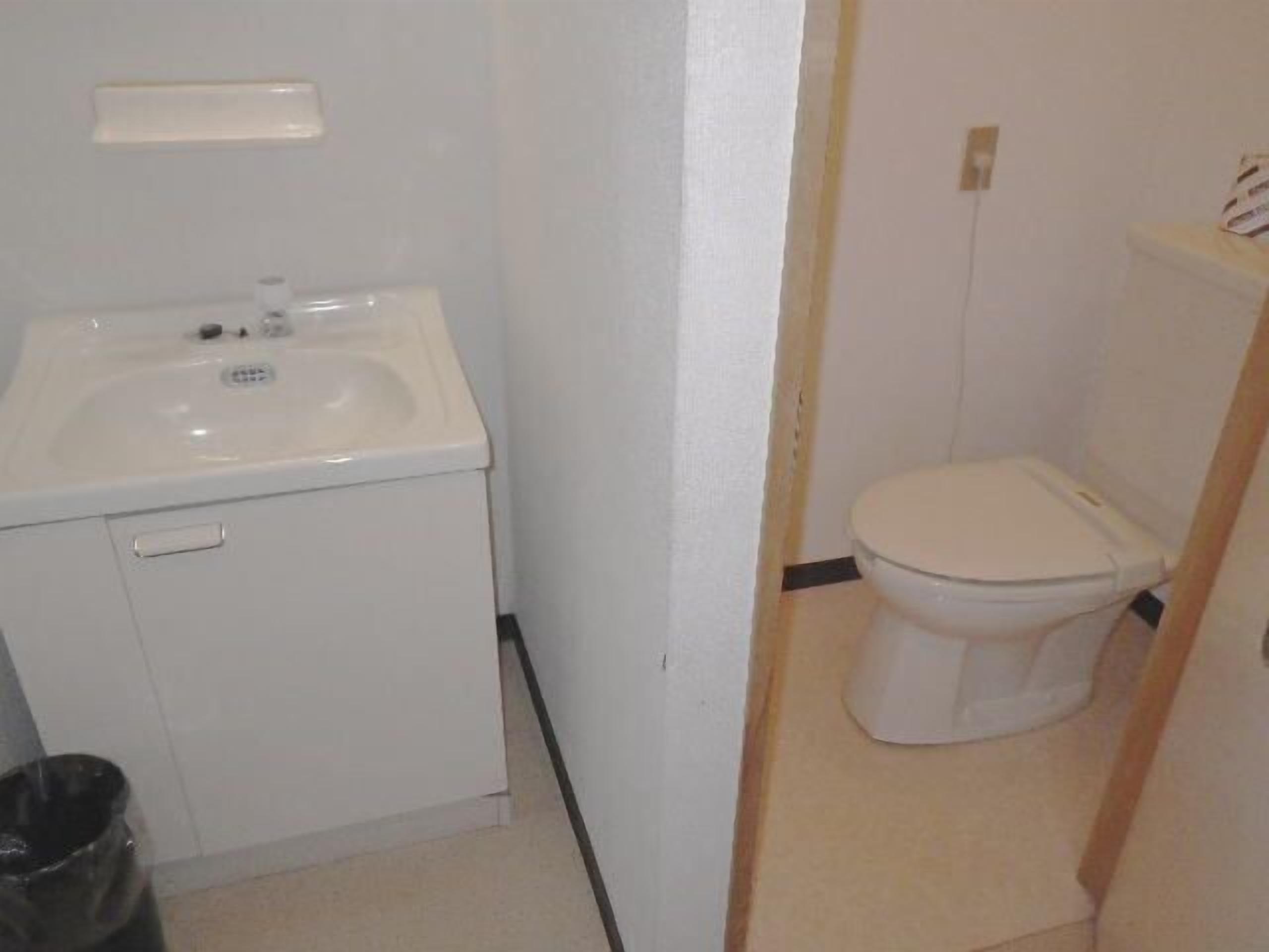 Un baño pequeño con lavamanos, inodoro y un cubo de basura.
