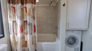 Hair dryer, towels, soap, toilet paper