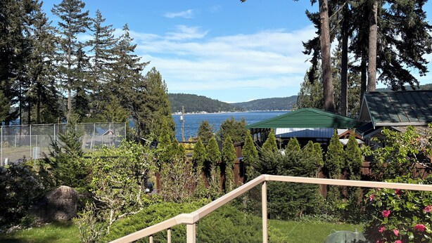 Une terrasse en bois avec une rambarde, donnant sur un lac et entourée d’arbres.