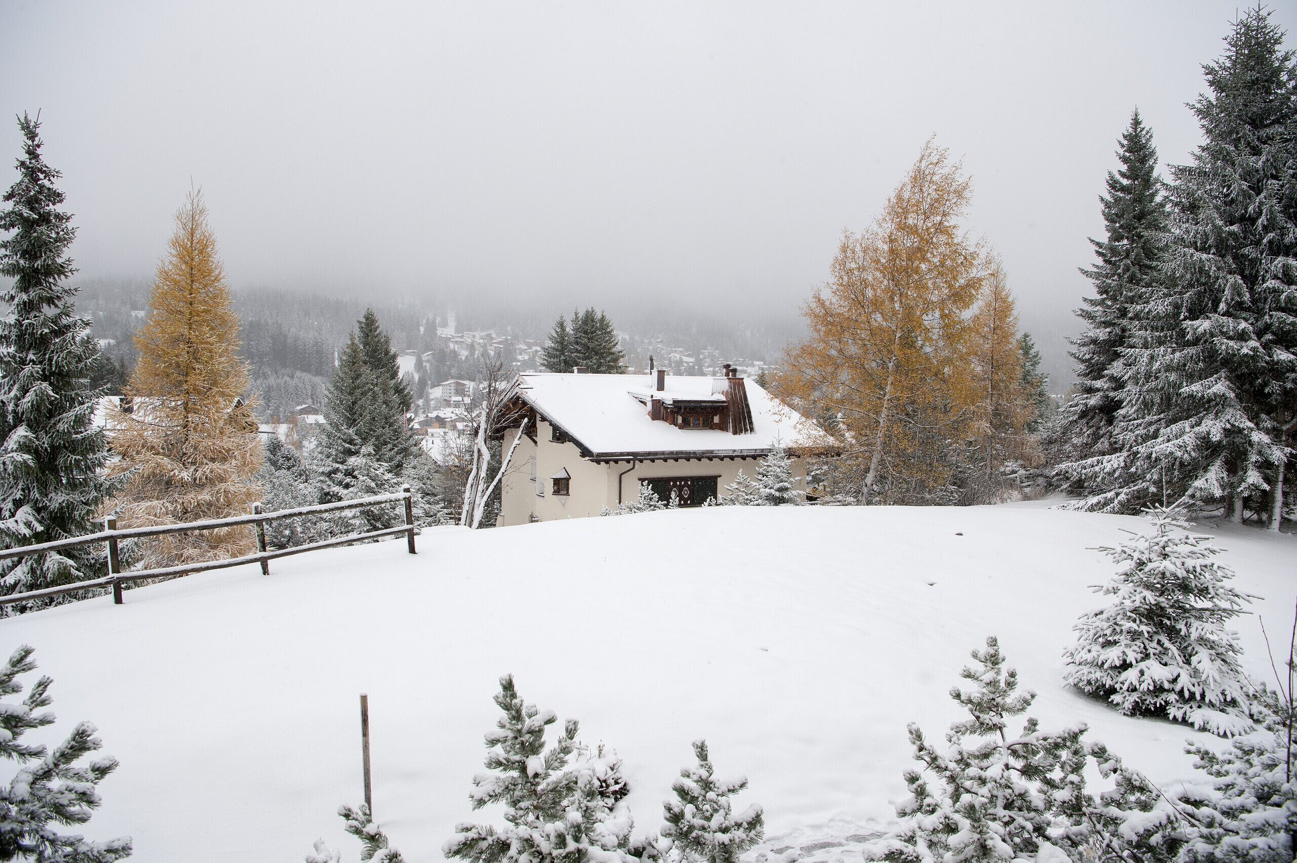 A snow-covered landscape with a wooden house and snow-laden trees.