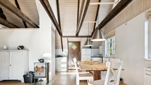 A modern kitchen with a wooden table, white chairs, and a stove. - "Emanuela" - 800m from the sea by Interhome (Gilleleje)