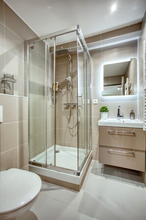 Douche, séchoir à cheveux, serviettes fournies, savon