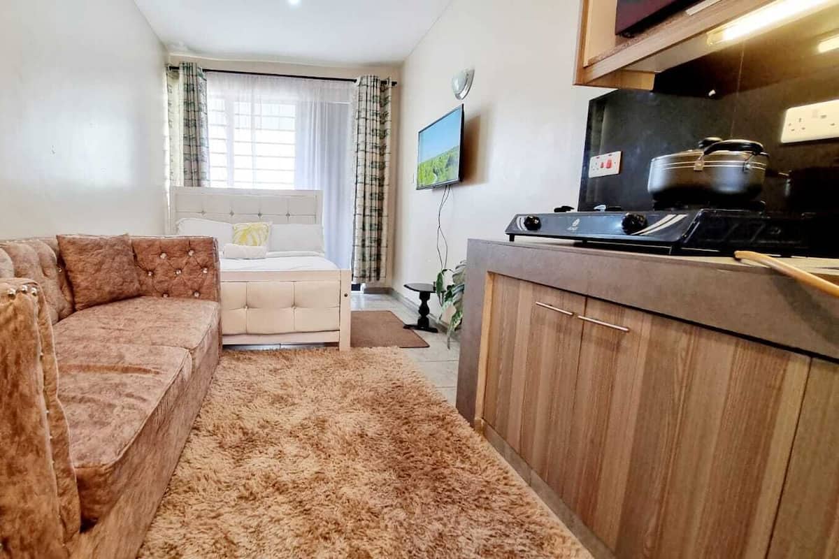 Un espacio habitable compacto con sofá, cama, zona de cocina y televisor.