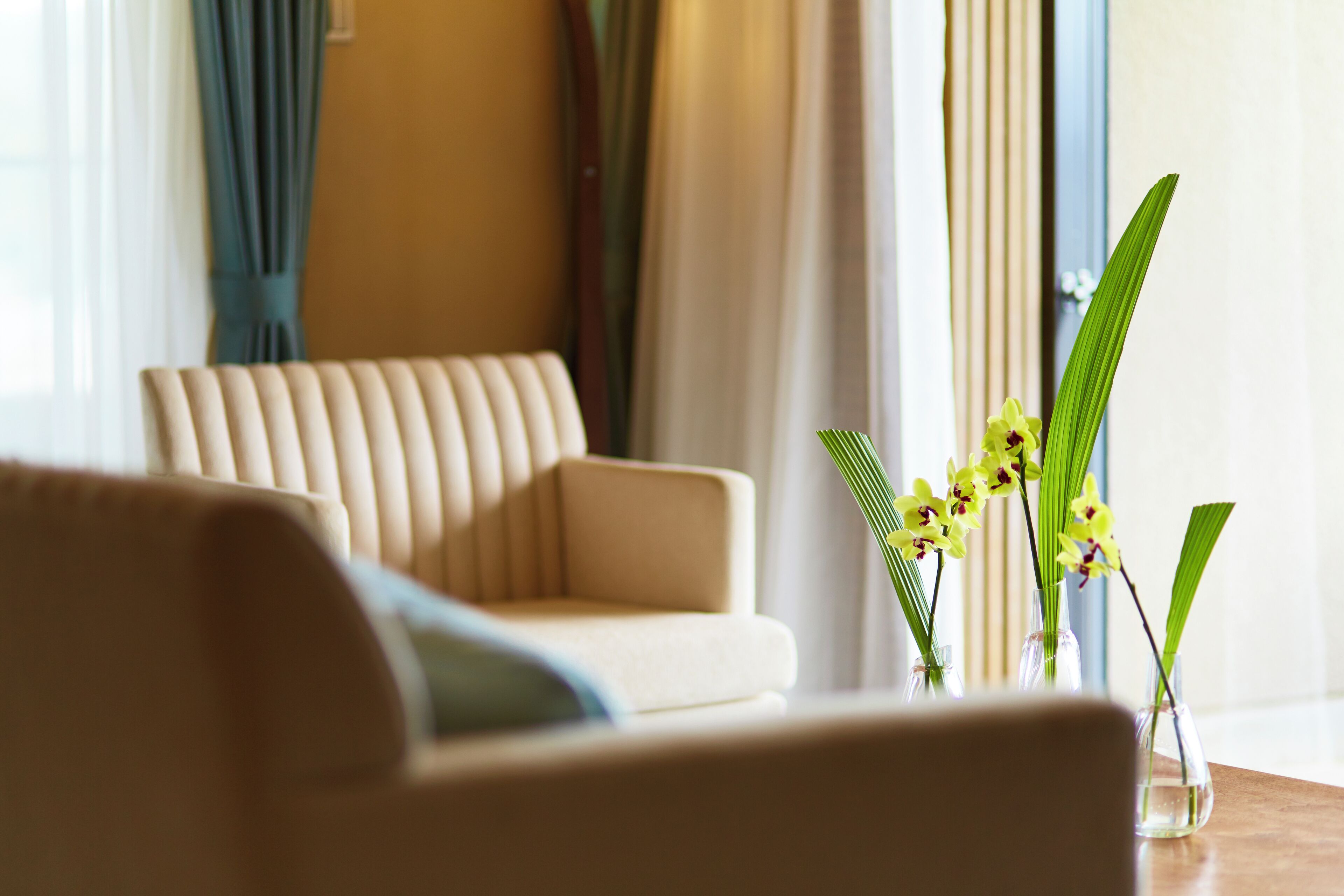 A living room with a sofa and a vase with flowers.